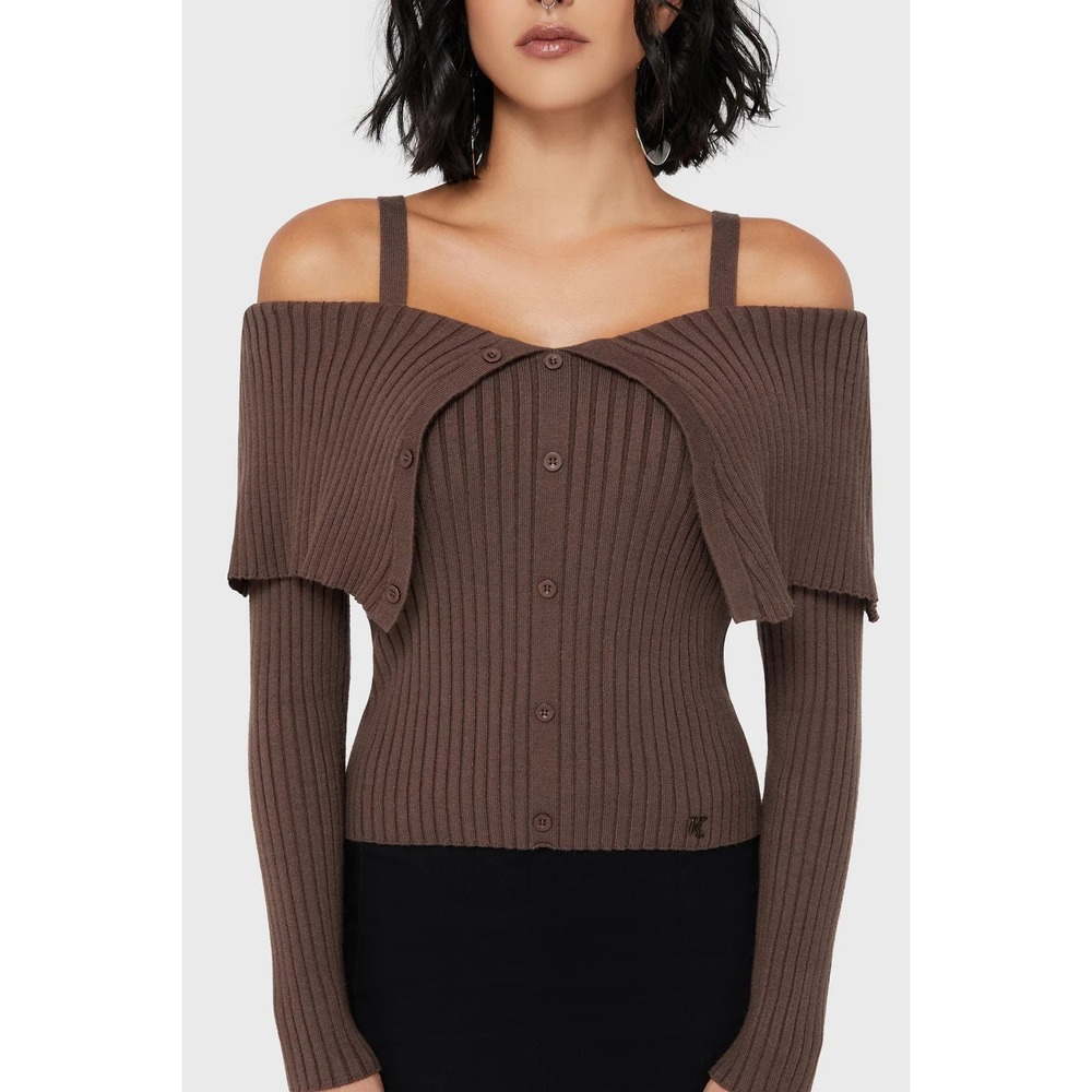 Killstar Brown Ribbed Off Shoulder Button Up Cardigan Top Long Sleeve‎ Strappy
